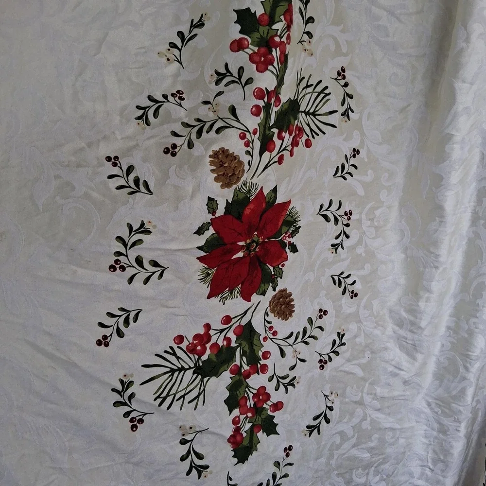 Vintage 90s Y2k Christmas Tablecloth Damask Cardinal Poinsettia 60x84